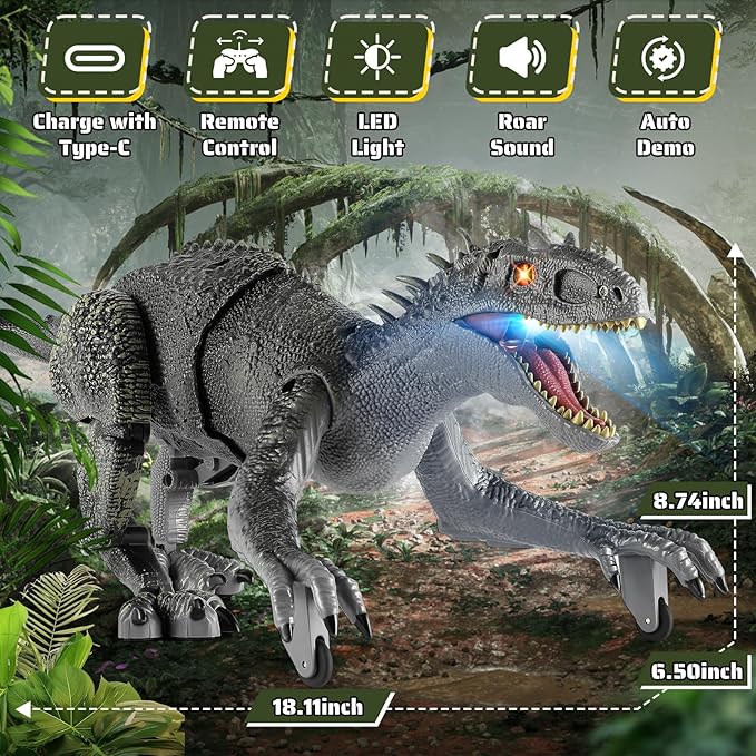 Dinosaur Toys for Kids, 2.4GHz Remote Control Dinosaur with Walking, Swingable Body, Realistic Sounds, Demo Mode, Rechargeable Jurassic Toys for 3-5, 5-7, 8-12, Birthdays, Parties, Christmas Day