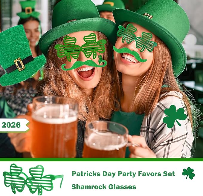 LSCQYYCC- St. Patrick's Day party gift set, including shamrock glasses, soft rubber bracelets, beaded chains, mustaches, hair bands, and Irish-themed party supplies with themed stickers