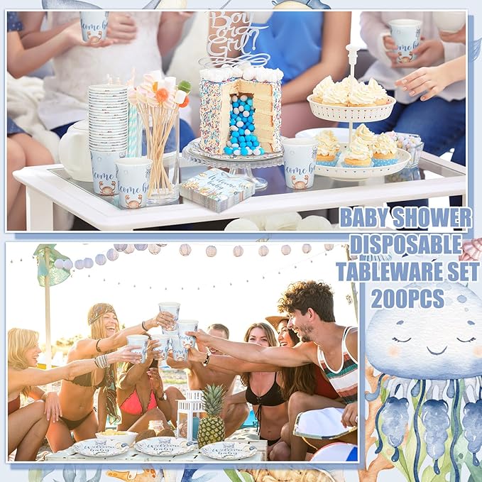 Hushee 200 Pcs Under the Sea Baby Shower Paper Plates Napkins Cups Baby Shower Party Supplies Tableware Set Disposable Cup Napkin for 50 Guest Party Decoration