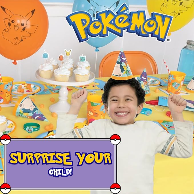 Unique Pokémon Party Supplies | Tabletop & Party Hats Set | Serves 16 | Officially Licensed | Plates, Napkins, Plastic Table Cover, Party Hats | Birthday Decorations For Kids & Classrooms