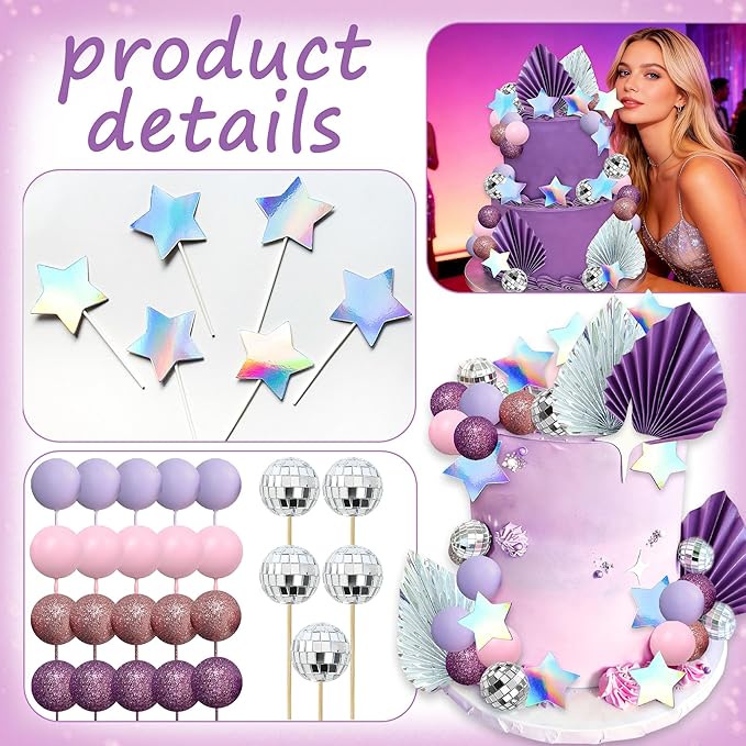 41Pcs Cool Girl Cake Decorations Purple Disco Ball Cake Topper Singer Stars Birthday Decoration Purple Cool Girl Bachelorette Party Supplies Bridal Shower Decor