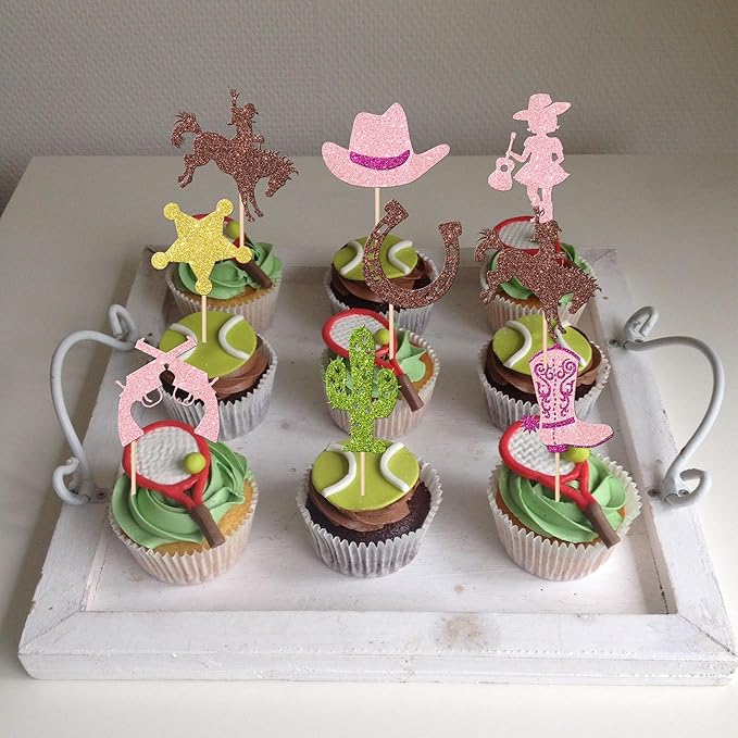 32 PCS Cowgirl Cupcake Toppers Glitter HorseShoe Cactus Star Gun Cupcake Picks Cowgirl Hats Boots Cupcake Decorations for Western Theme Baby Shower Girls Birthday Party Cake Decorations Supplies