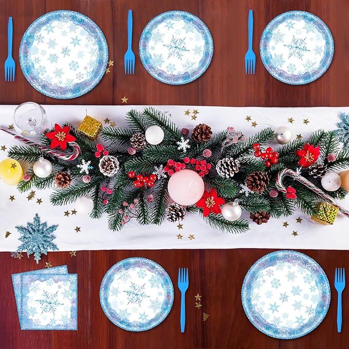 96 Pieces Snowflake Winter Tableware Set – Blue Disposable Plates, Napkins, and Forks for Frozen Birthday Parties, Christmas Dinners, Holiday Gatherings, and Winter Celebrations – Serves 24 Guests