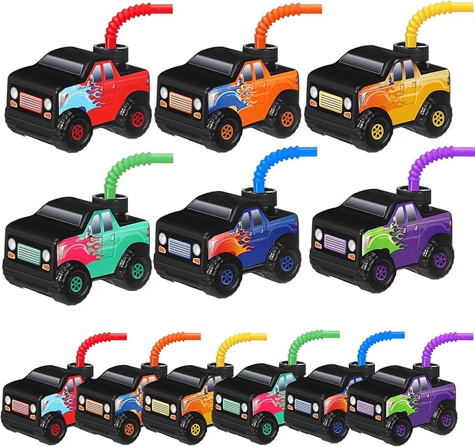 Tanlade 12 Pcs Monster Truck Road Cups with Straws, Plastic Vehicle off Road Drink Cup Reusable Truck Cups Bulk Race Car Birthday Party Favor Supplies for Racing Party Supplies (Splicing Color)