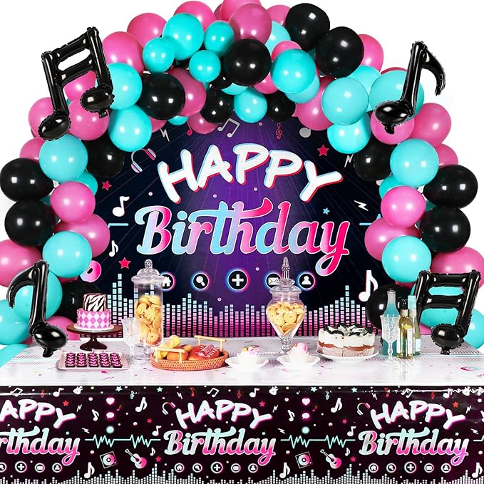 OurWarm 130 Pcs Tik Tok Birthday Party Decorations, Music Happy Birthday Decorations, Tiktok Party Theme Party Supplies Includes Happy Birthday Banner, Balloons Arch, Tablecloth for Birthday Decor