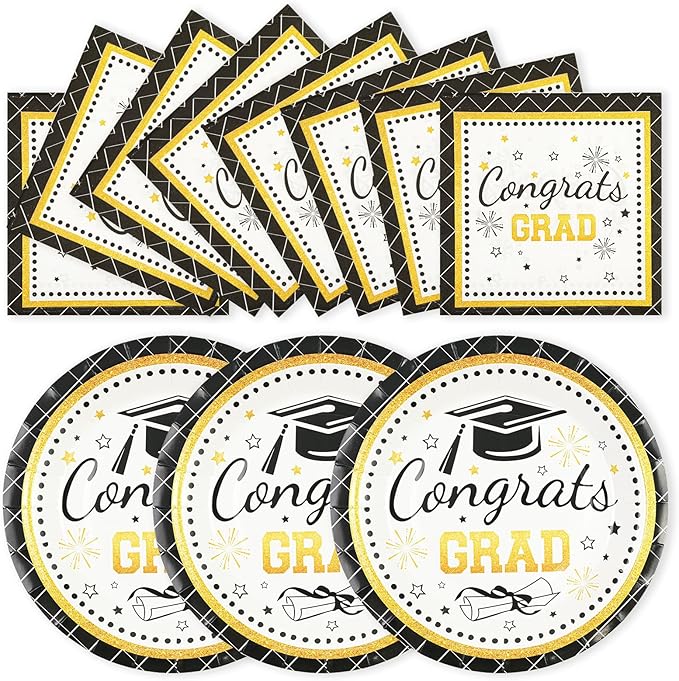 50PCS Graduation Plates Party Supplies, 7INCH Black and Gold Paper Plates and Napkins 2025 Graduations Party Decorations Disposable Tableware for College High School Congrats Grad Party Supplies