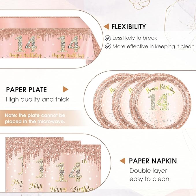 41Pcs 14th Birthday Decorations for Girls,Sweet Rose Gold 14th Birthday Plates and Napkins,Tablecloth Happy 14 Years Birthday Party Tableware Set for 14 Year Old Girls Teenager Party Favor Supplies