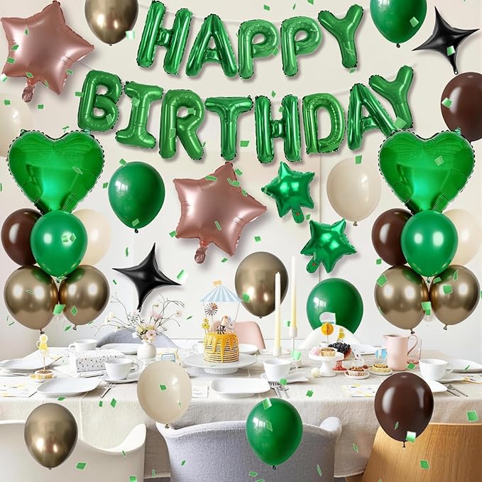 Green and Brown Birthday Decorations Dark Forest Green Safari Camo Army Brown Coffee Gold Sand Nude Balloons Happy Birthday Banner Heart Balloons 18/10 Inch Star Balloon for Boys Bday Party Supplies