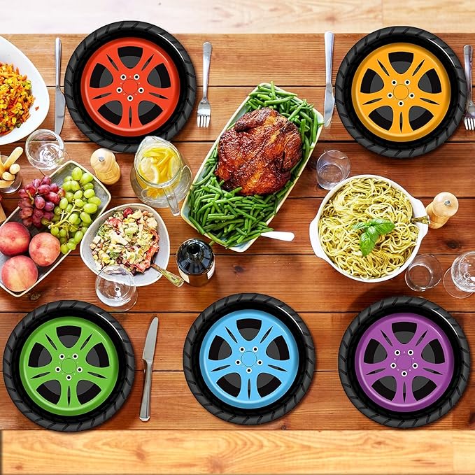 48Pcs Race Car Party Supplies Colorful Tire Paper Plates 7" Racing Sports Themed Dessert Plates Racing Truck Themed Party Decorations for Kids Boys Birthday Baby Shower Favors Serves 48 Guests
