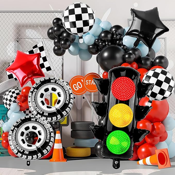 Race Car Party Balloon Set 7pcs Traffic Light, Checkered Balloons, Tire Wheel Balloons Tyre Racing Balloon Race Car Birthday Party Decorations