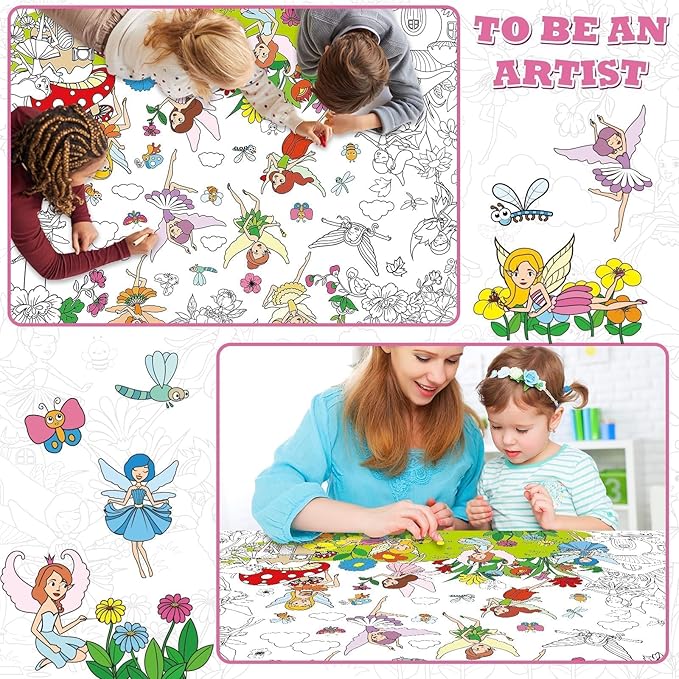 Fairy Garden Coloring Poster for Kids Giant Spring Coloring Poster Large Fairy Party Flower Coloring Tablecloth Jumbo Coloring Books for Kids Classroom Home Birthday Party Supplies Favor