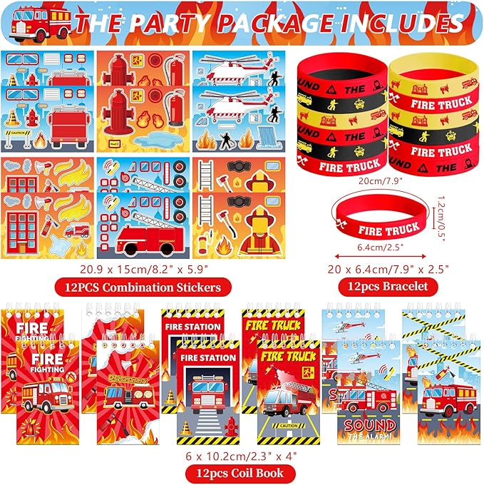 122PCS Fire Truck Party Favors, 50 Stickers, 12 Assemble Stickers, 12 Button Badges, 12 Mini Notepads, 12 Slap Bracelets, 12 Rubber Bracelets, 12 Goodie Bags for Firefighter Firetruck Party Supplies