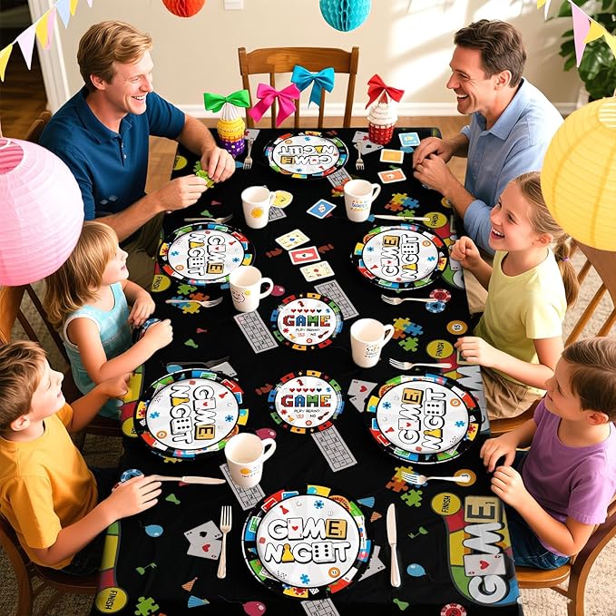 Grencian 98Pcs Family Game Night Party Decorations Game Night Plates Napkins Tablecloths Disposable Gaming Paper Tableware Set for Birthday Kids Adults Family Gaming Party Supplies, Serves 24