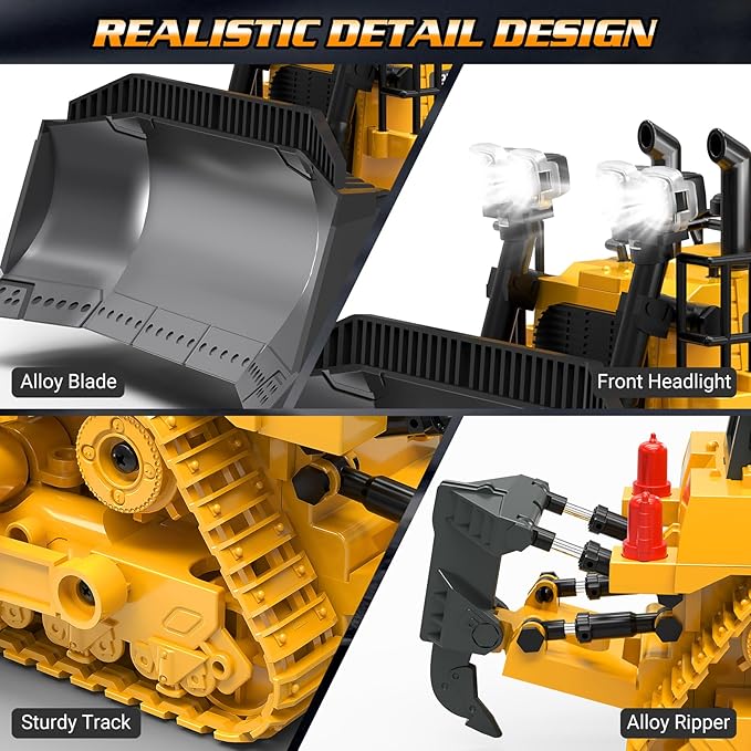 RC Bulldozer Toy for Boys, Remote Control Play Bulldozer Construction Vehicles, 9CH 2.4Ghz Track Type Tractor Dozer with Metal Blade & Light, Truck Toys for Kids 3-12 Year Old Christmas Birthday Gifts