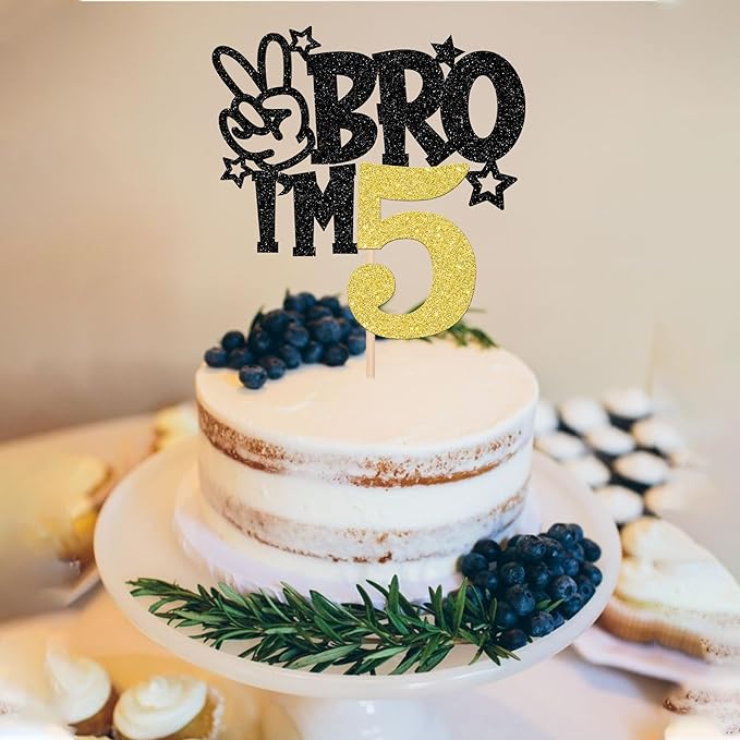 1 PCS Brother I'm 5 Cake Topper Glitter Star Happy 5th Birthday Cake Pick Bro I'm 5 Cake Decoration It's My 5th Birthday Decorations for Boys Cheers to 5 Years Old Birthday Party Supplies Gold