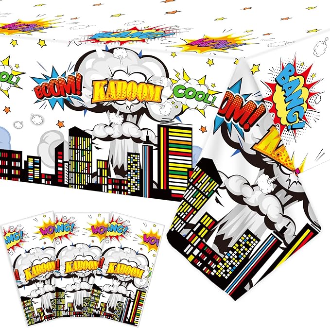 3 Pieces Super Theme Hero Tablecloths Hero Themed Birthday Party Supplies Heroes Action Sign Plastic Table Cover Fun Super Tablecover for Happy Birthday Baby Shower Party Decorations