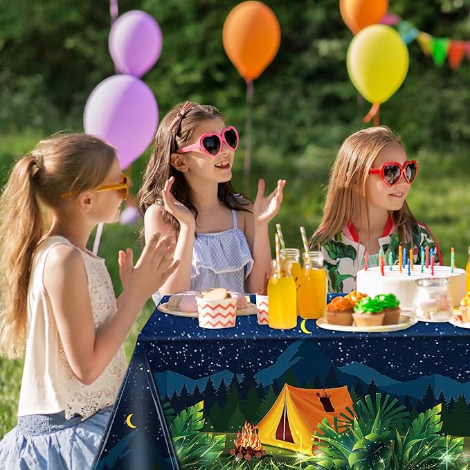 Chinco 5 Pieces Camping Tablecloth Party Decorations Campfire Plastic Rectangular Table Cover Camp Birthday Party Supplies Picnic Hiking Adventure Supplies