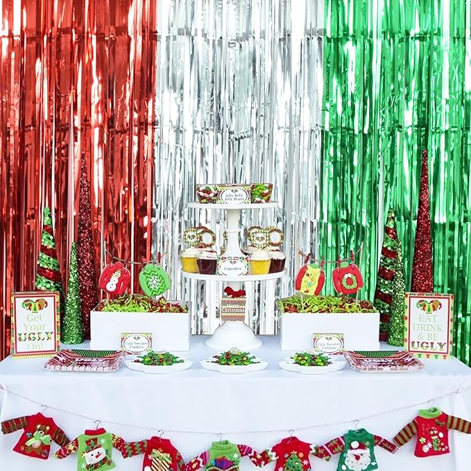 TONIFUL 3Pcs Red Silver Green Door Streamers,Photo Booth Backdrop Metallic Streamers Foil Fringe Curtains for Birthday,Christmas,New Year,Bachelorette,Grad Party Streamers Decor(9.9ft x 6.6ft)