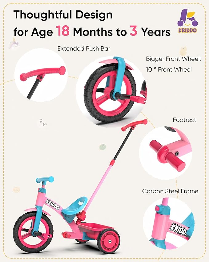 KRIDDO 3-in-1 Toddler Tricycle for Kids 18 Months to 3 Years, Tricycle for 2 Years with Parent Steering, Extra Wide Seat, Large Basket, Easy-to-Carry Seat, Gift for Boys and Girls Age 2-3, Pink