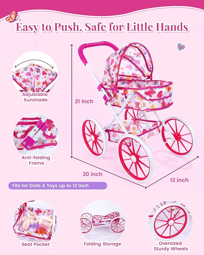 JIZHI Baby Doll Stroller Set with 12 Inch Dolls, 27-Piece Foldable Doll Stroller with Baby Doll Accessories for Pretend Play, Feeding & Bedding Playset Gift for Kids 3+