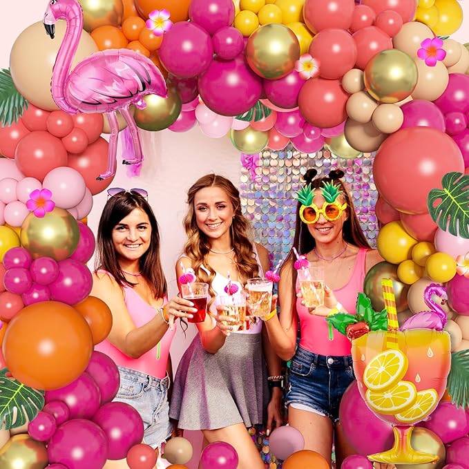 Ouddy Life 178Pcs Tropical Balloons Arch Garland Kit, Luau Tropical Party Decorations with Aloha Pineapple Coconut Hot Pink Aqua Blue Balloons & Palm Leaves for Hawaiian Summer Birthday Supplies