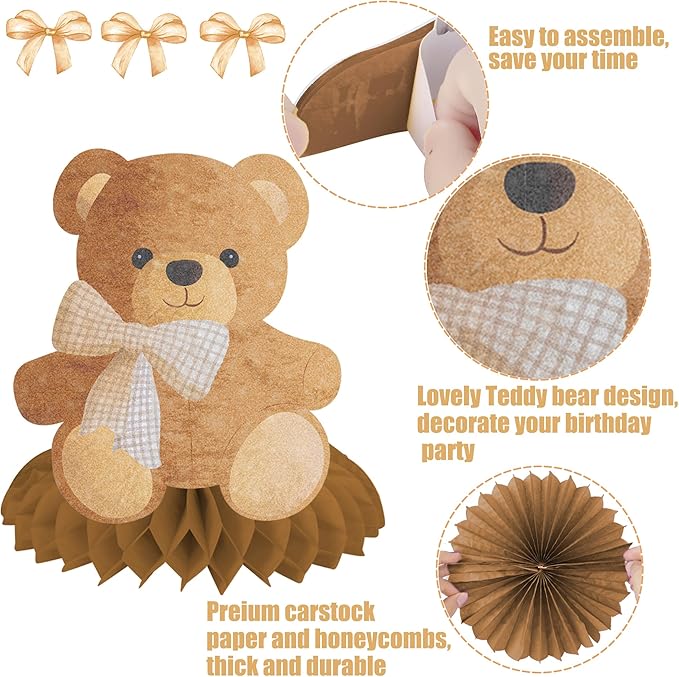 9pcs Teddy Bear Honeycomb Centerpieces Teddy Bear Birthday Decorations Bear Themed Table Decorations for Kids Teddy Bear Themed Birthday Party Gender Reveal Party Supplies