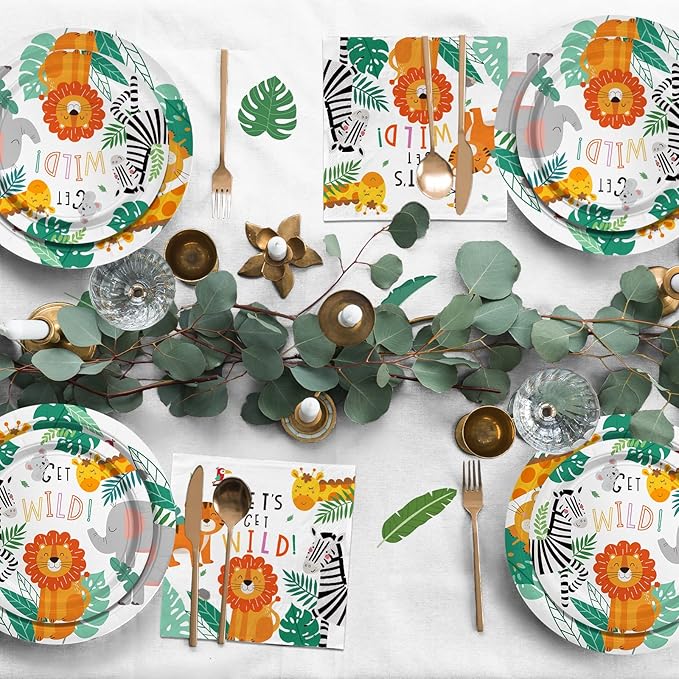 Safari Birthday Party Supplies Jungle Disposable Paper Plates Napkins Cups Tablecloth and Banner for Safari Jungle Theme Birthday Decorations, Serve 25