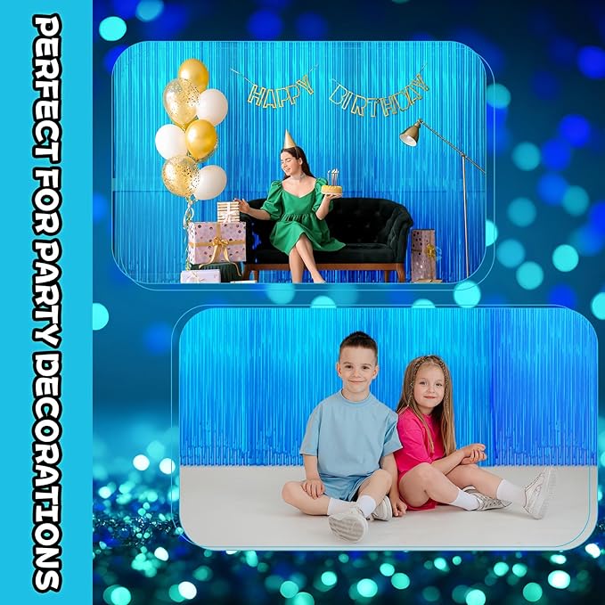 2 Pack Glow in The Dark Curtains Party Supplies 6.6 x 3.3 Ft Glow Tinsel Foil Fringe Curtains Blue Photo Booth Prop Backdrop Streamer for Birthday Holiday Neon Party Decoration