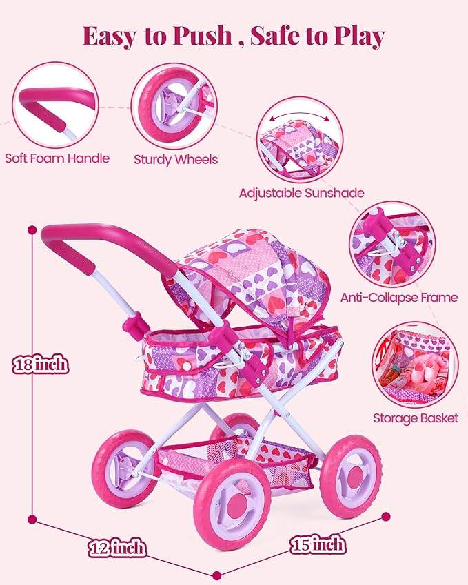 BABESIDE Baby Doll Stroller Set with 12 Inch Baby Doll, 14 Pcs Baby Doll Accessories, Folding Doll Pram Pretend Play Set, Feeding, Bath & Care Toys, Gift for Girls Ages 3yrs+