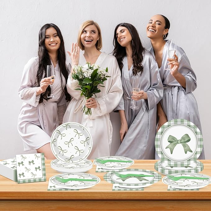96Pcs Green Plaid Bow Spring Plates and Napkins Coquette Party Decorations Bow Theme Dessert Paper Plates Napkins Birthday Tableware Set for 24 Guests Girls Baby Shower Picnic BBQ Party Suppliess