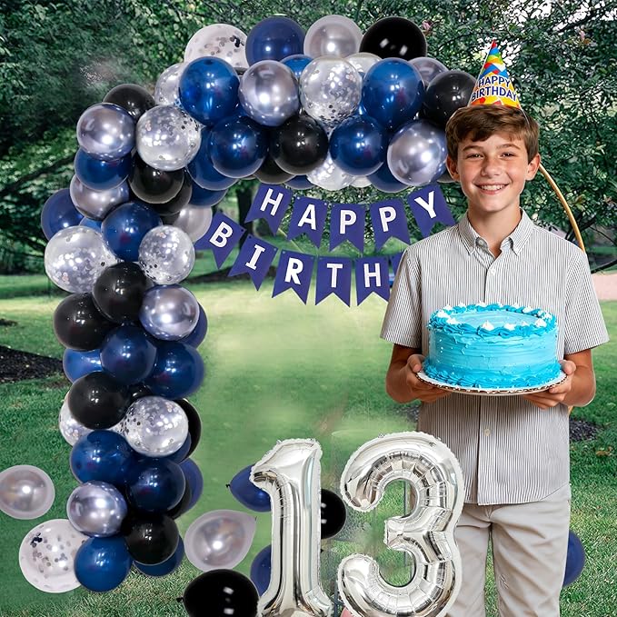 13th Birthday Decorations for Boys Girls, Blue Silver 13 Year Old Boy Bday Decor, Number 13 Balloon Happy 13th Birthday Banner Backdrop Honeycomb Centerpieces for Official Teenager Party Supplies