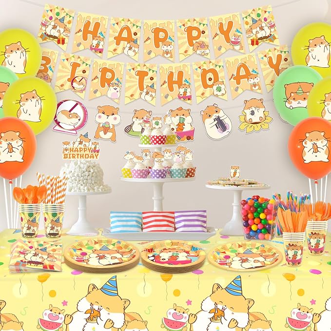 Hamster Birthday Party Decorations - Hamster Party Supplies including Banner, Plate, Cake Topper, Cup, Napkin, Balloon, Tablecloth for Hamster Party Decoration - Serves 20