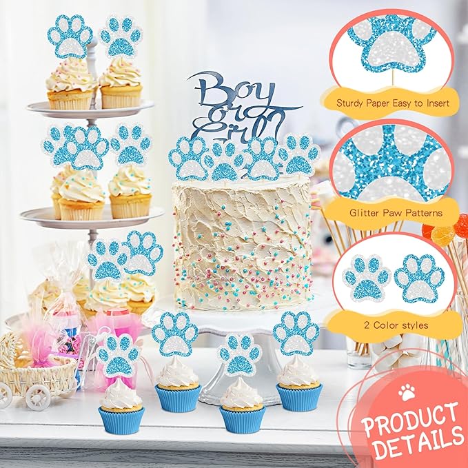 36 Pcs Paw Cupcake Toppers Glitter Dog Paw Cake Decorations Blue White Glitter Puppy Cupcake Toppers for Baby Shower Boys Girls Birthday Party Cake Supplies (2 Styles)