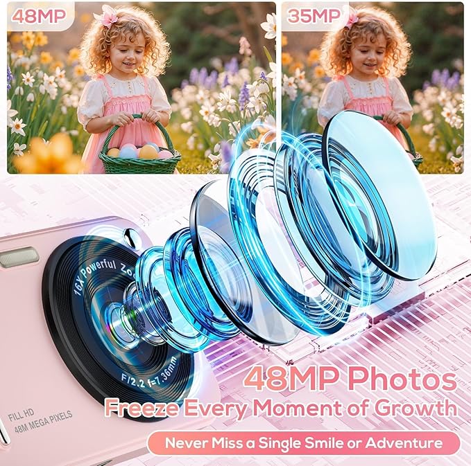 Digital Camera for Kids, 48MP FHD 1080P Point and Shoot Digital Cameras with 16X Zoom Anti-Shake, Compact Portable Cameras for Photography, Compact Camera for 6 7 8 9 10 Years Old- Toys for Toddler
