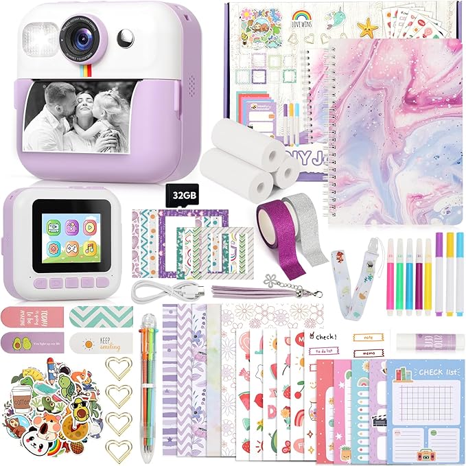 Photomaker Kit Kids 1080P Instant Print Camera for Kid 93 Pcs DIY Journal Kit for Girls Kids Camera Instant Print with 3 Roller Photo Paper Ideas Birthday Gifts and Toys for Girls Boys Age 6-14 Purple
