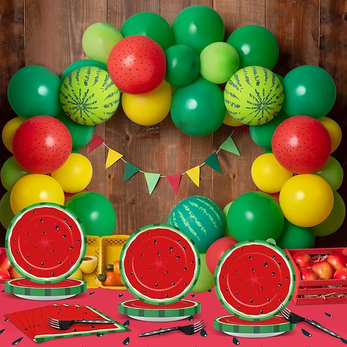 gisgfim 20 Guests Watermelon Party Supplies Watermelon Party Plates Tableware Set Children's Melon Decorations Favors Disposable 7-Inch Plates Napkin Tablecloths for Summer Melon Birthday Baby Shower
