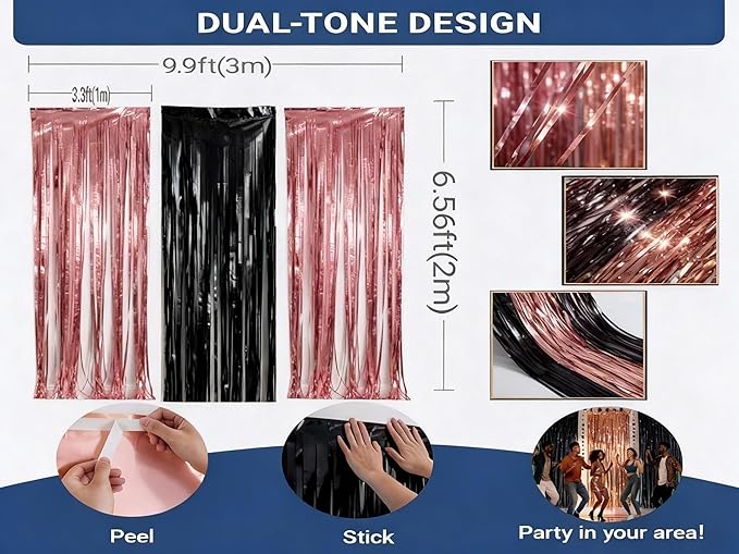 3 Packs Black and Rose Gold Foil Fringe Curtains, Birthday Party Decorations Backdrop Tinsel Steamer, Wedding Engagement Bridal Shower Decorations Retirement Decor Graduation Party Backdrop