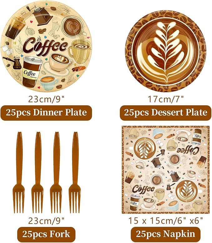 Coffee Party Supplies - Coffee Party Tableware - Dinner Plates, Dessert Plates, Napkins, Forks for Coffee Birthday Party Decorations, Baby Shower Supplies, Serves 25