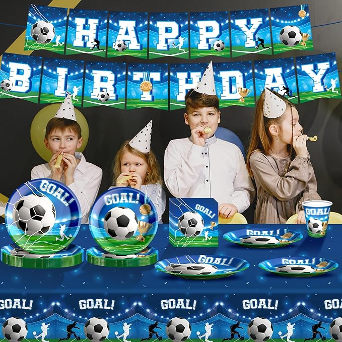 Soccer Birthday Party Decorations Set Includes Dinner Plates, Napkins, Cups, Banner and Tablecloth for Soccer Sports Theme Birthday Decorations, Serve 24