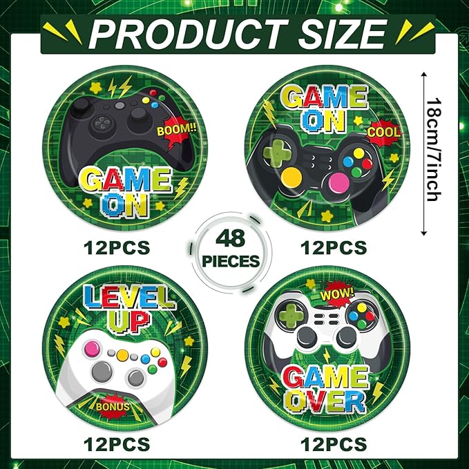48PCS Video Game Party Paper Plates for Video Game Birthday Themed Party Supplies 7" Boys Gamer kids Disposable Plates Green Gaming Controller Dessert Level Up Plate for Baby Shower Favors Decorations