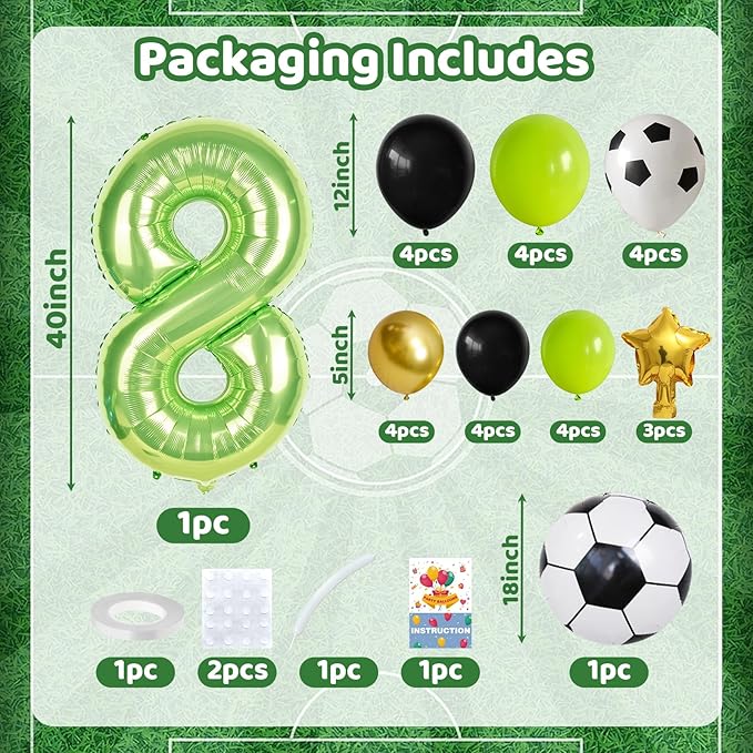 Green Number 8 Balloon Soccer 40 Inch Number Eight Foil Balloons Tower Set for Boys 8th Birthday Party Decorations Giant Large Digital Aluminum Balloons Stack for Football Lover World Sports Game