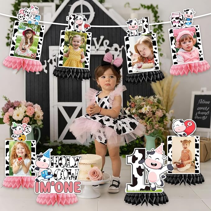 Holy Cow I'm One Birthday Decorations, Cow First Birthday Honeycomb Centerpiece Party Decoration, Baby 1st Birthday Cow Themed Photo Table Centerpiece Party Supplies