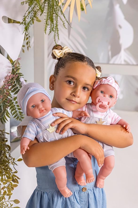 JC Toys | Berenguer Boutique | Baby Doll Outfit | Gray Overall Shorts with Pink Stripes | Includes Headband and Booties | Ages 2+ | Fits Dolls 14"- 16"