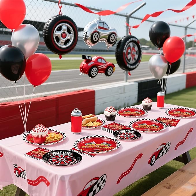Grencian 96Pcs Red Race Car Happy Birthday Party Decorations Supplies Hot Car Plates and Napkins Racing Themed Checked Flag Tableware for Boys Transportation Birthday Party Decorations Serve 24