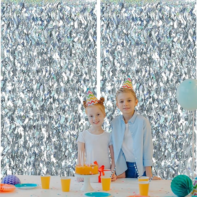 2 Pack Silver Wavy Foil Fringe Curtains, 3.3x6.6 Ft Metallic Tinsel Wavy Backdrop Party Decorations Door Silver Streamers for Birthday Wedding Engagement Decor,Party Supplies