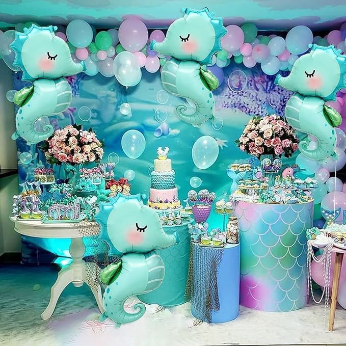 4 PCS Large Seahorse Balloon, Cartoon Under The Sea Animal Balloons Ocean Balloons for Ocean Themed Birthday Party Decorations Sea Horse Decoration