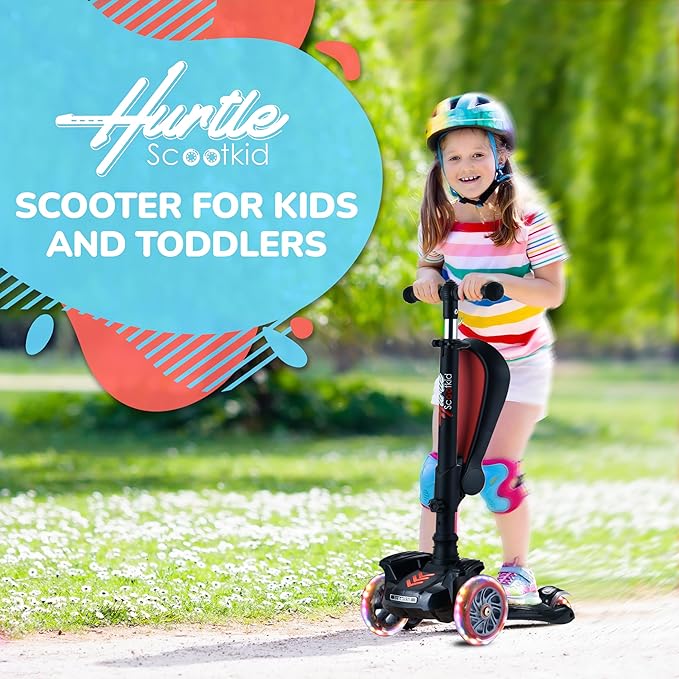 Hurtle 3-Wheeled Scooter for Kids - Wheel LED Lights, Adjustable Lean-to-Steer Handlebar, and Foldable Seat - Sit or Stand Ride with Brake for Boys and Girls Ages 1-14 Years Old