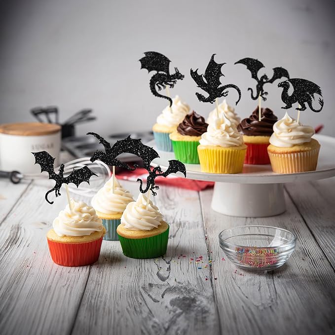 24Pcs Dragon Cupcake Toppers Glitter Dinosaur Birthday Cupcake Picks for Flying Dragon Theme Baby Shower Kids Birthday Party Cake Decorations Supplies Black