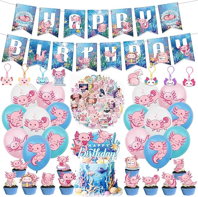 Axolotl Birthday Party Supplies Decorations Axolotl Balloons Cupcake Toppers Happy Birthday Banner Stickers Keychains Animal Party Decoration