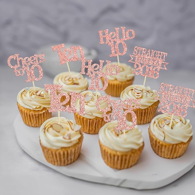 Ephlyn 24Pcs Happy 10th Birthday Cupcake Toppers Glitter Ten Cupcake Picks Hello 10 Cheers to 10 Years Cake Decorations for 10th Birthday Anniversary Party Decorations Supplies Rose Gold